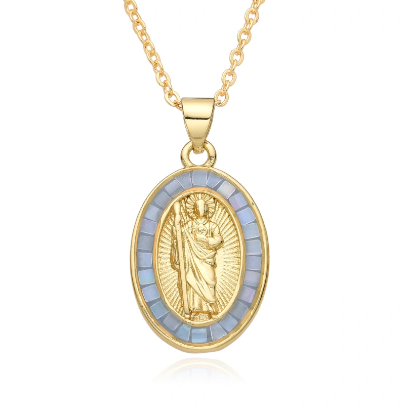 Collar ovalado de San Benito de Guadalupe, Virgen María, cadena de clavícula para mujer, colgante de concha que gotea aceite, joyería de cobre  COPN/32-127