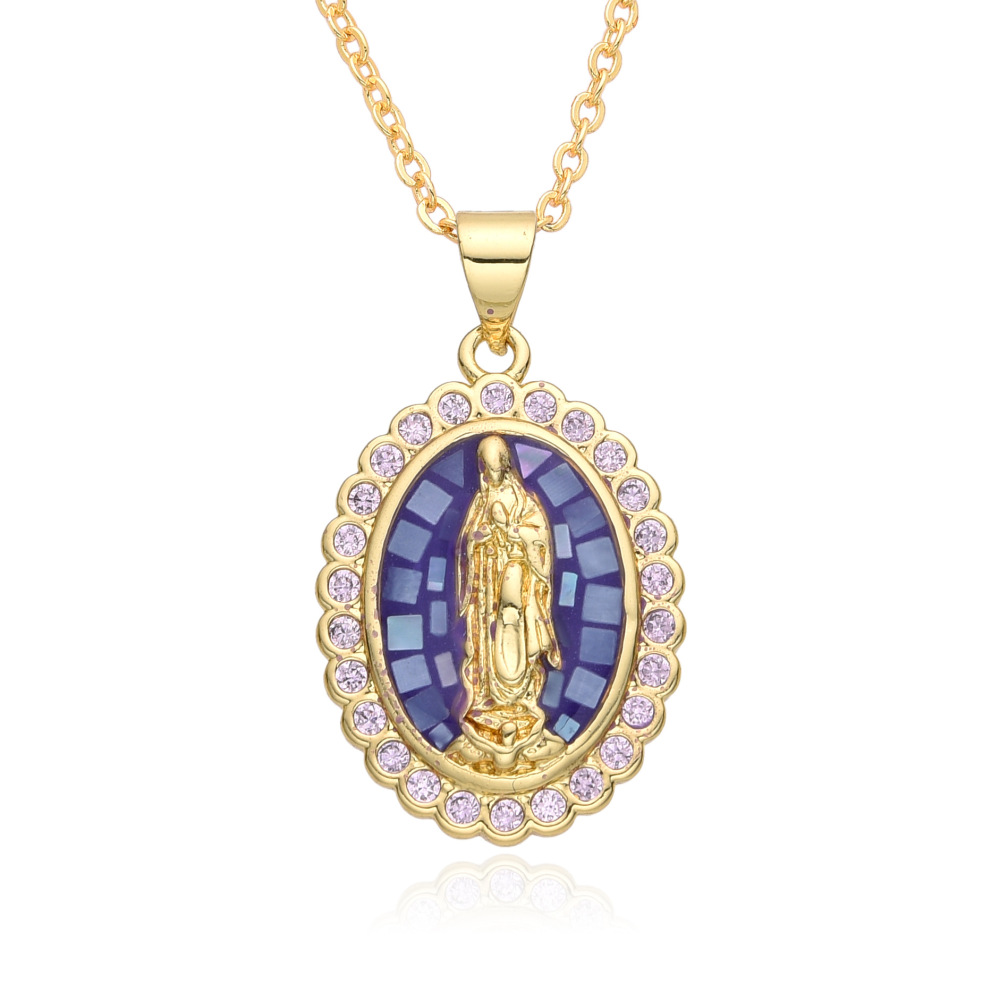Collar ovalado de concha natural verde azul, joyería de cobre de la Virgen María, colgante chapado en oro de 18k  COPN/32-126