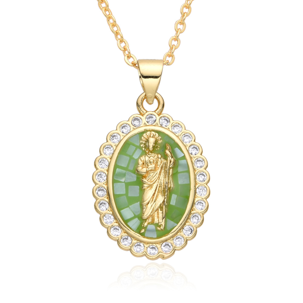 Collar ovalado de concha natural verde azul, joyería de cobre de la Virgen María, colgante chapado en oro de 18k  COPN/32-126