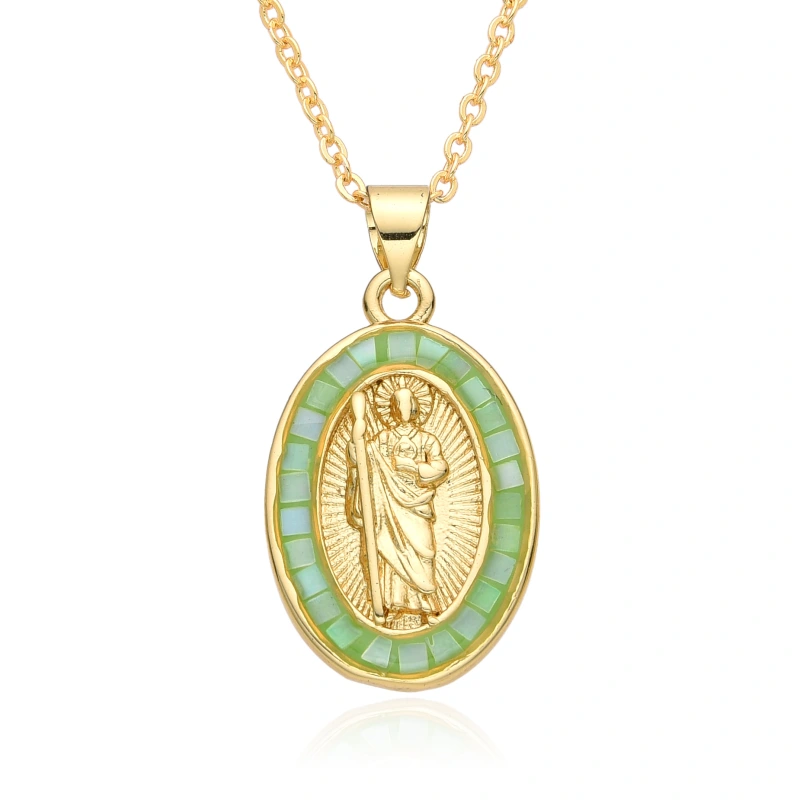 Collar ovalado de San Benito de Guadalupe, Virgen María, cadena de clavícula para mujer, colgante de concha que gotea aceite, joyería de cobre  COPN/32-127