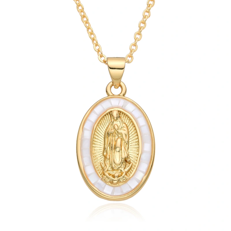 Collar ovalado de San Benito de Guadalupe, Virgen María, cadena de clavícula para mujer, colgante de concha que gotea aceite, joyería de cobre  COPN/32-127
