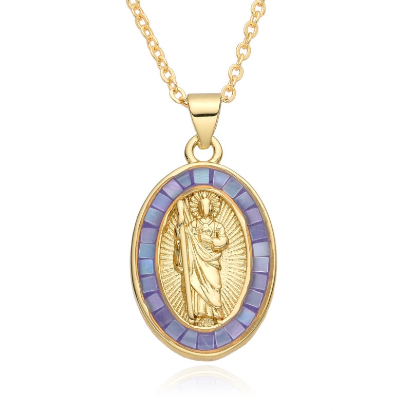 Collar ovalado de San Benito de Guadalupe, Virgen María, cadena de clavícula para mujer, colgante de concha que gotea aceite, joyería de cobre  COPN/32-127