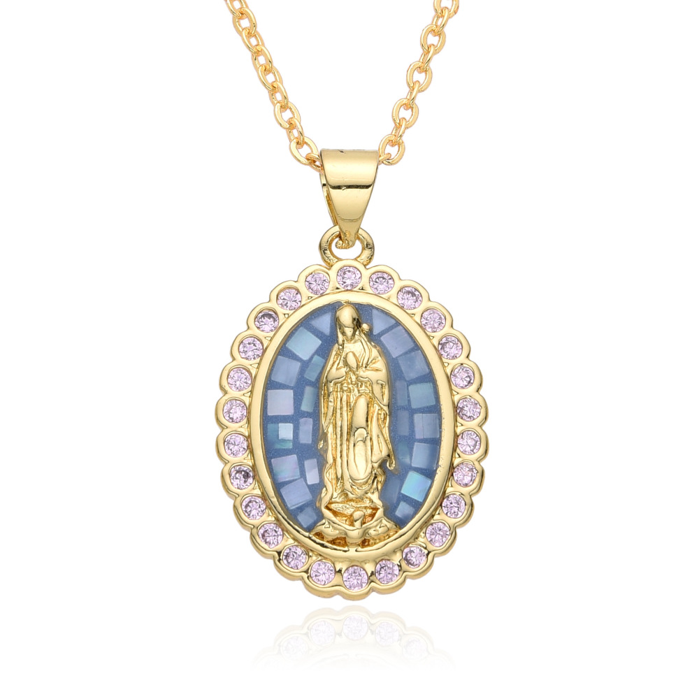 Collar ovalado de concha natural verde azul, joyería de cobre de la Virgen María, colgante chapado en oro de 18k  COPN/32-126
