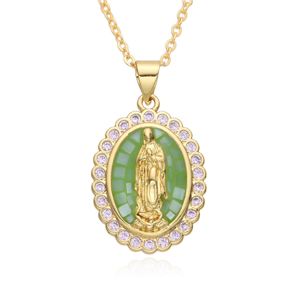 Collar ovalado de concha natural verde azul, joyería de cobre de la Virgen María, colgante chapado en oro de 18k  COPN/32-126