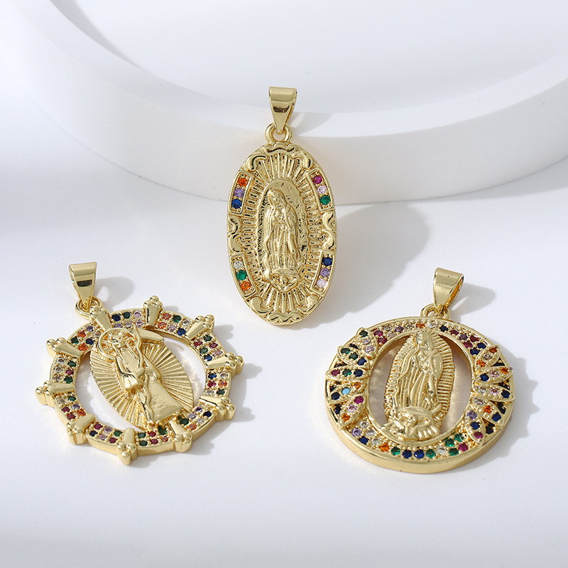 Joyería religiosa de bronce con incrustaciones de diamantes y circonitas de colores, colgante ovalado de la Virgen María  COPP/37-155
