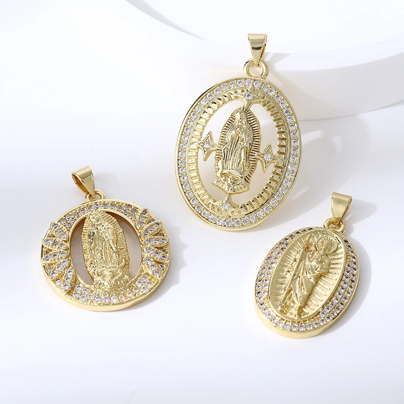 Joyería religiosa de bronce con circonita y diamantes, colgante ovalado de la Virgen María  COPP/37-154