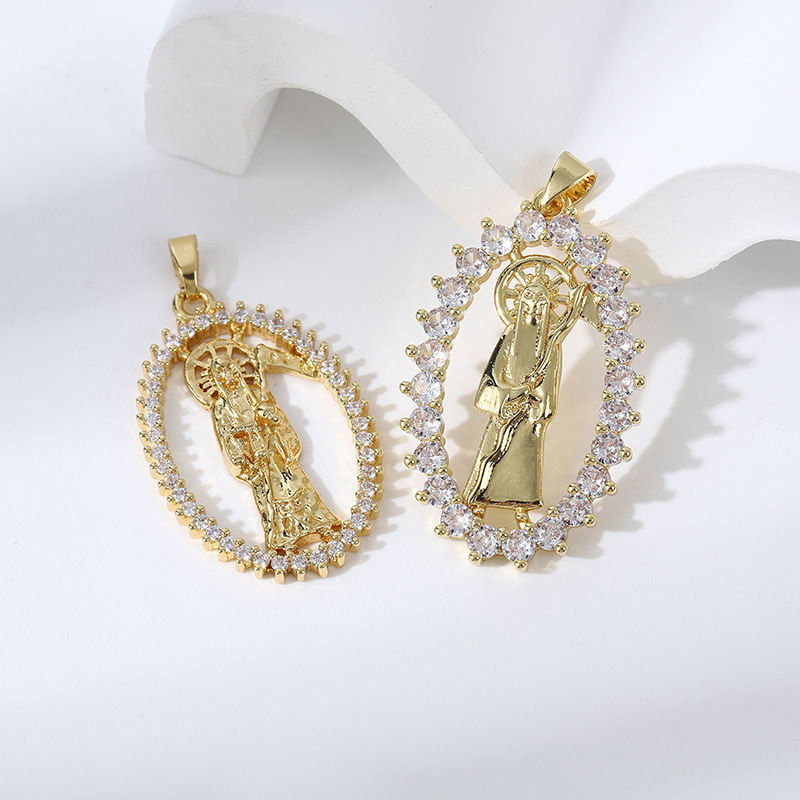Joyería religiosa de bronce con circonita y diamantes, colgante ovalado con forma de hoz de la muerte  COPP/37-150