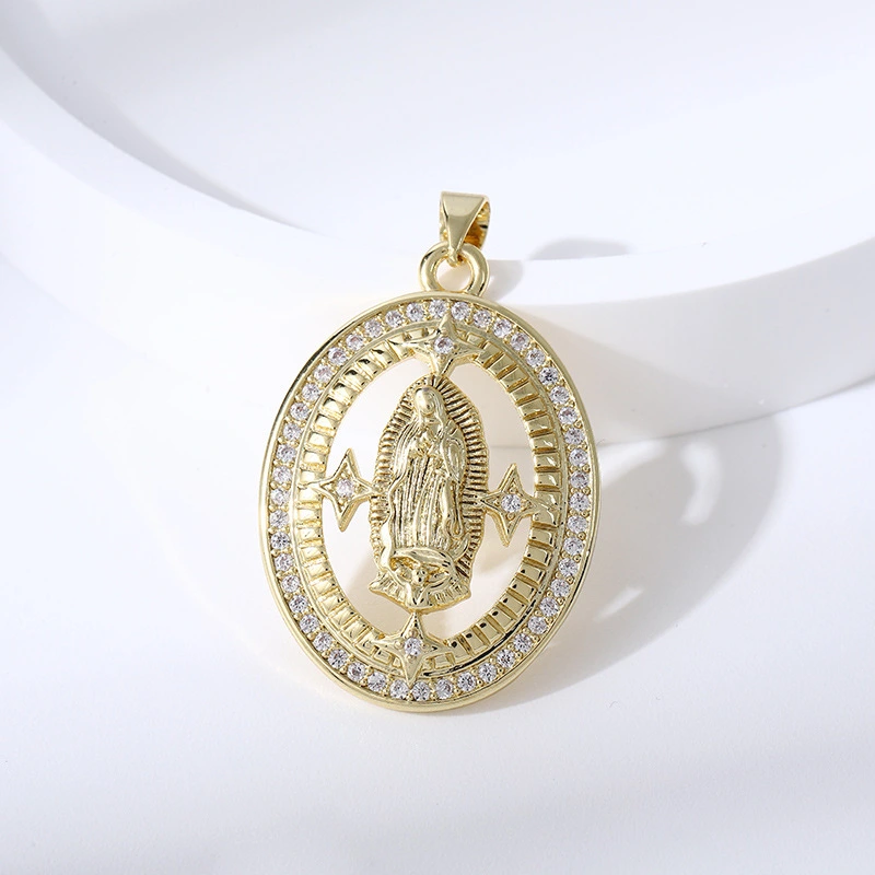 Joyería religiosa de bronce con circonita y diamantes, colgante ovalado de la Virgen María  COPP/37-154
