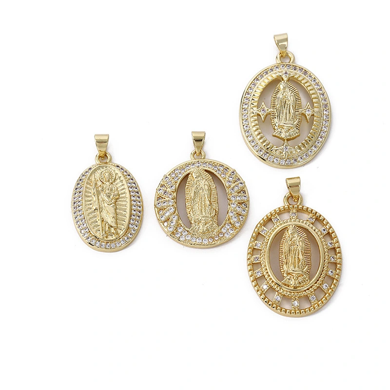 Joyería religiosa de bronce con circonita y diamantes, colgante ovalado de la Virgen María  COPP/37-154