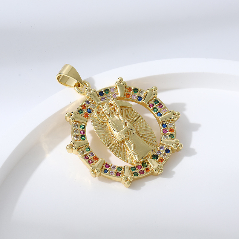 Joyería religiosa de bronce con incrustaciones de diamantes y circonitas de colores, colgante ovalado de la Virgen María  COPP/37-155