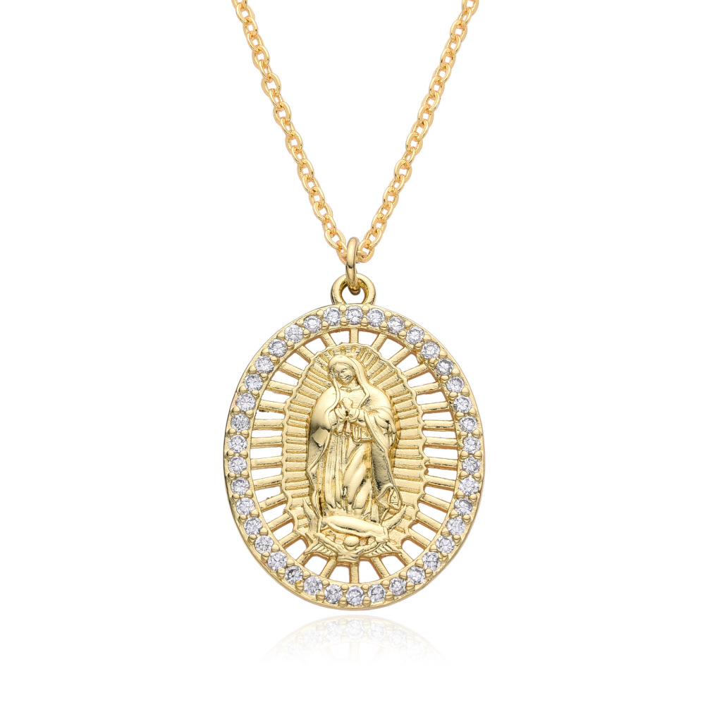 Joyas de cobre, accesorios colgantes religiosos, Virgen María microincrustada, San Benito, colgante ovalado redondo, collar retro versátil  COPN/32-164
