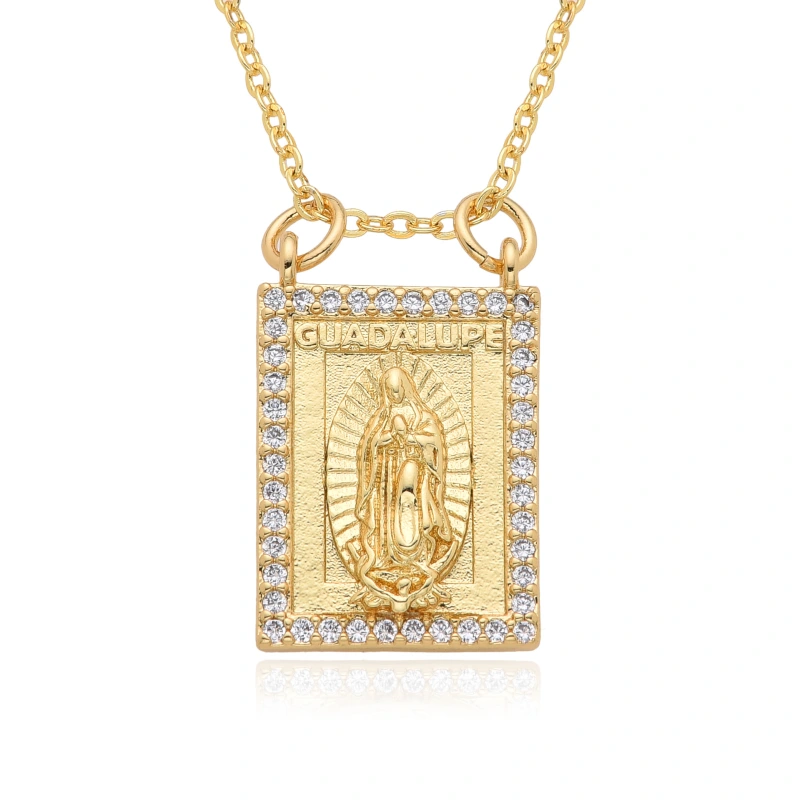Joyería religiosa de cobre, colgante de diamantes y circonitas, cuadrado redondo, collar Virgen María  COPN/32-180