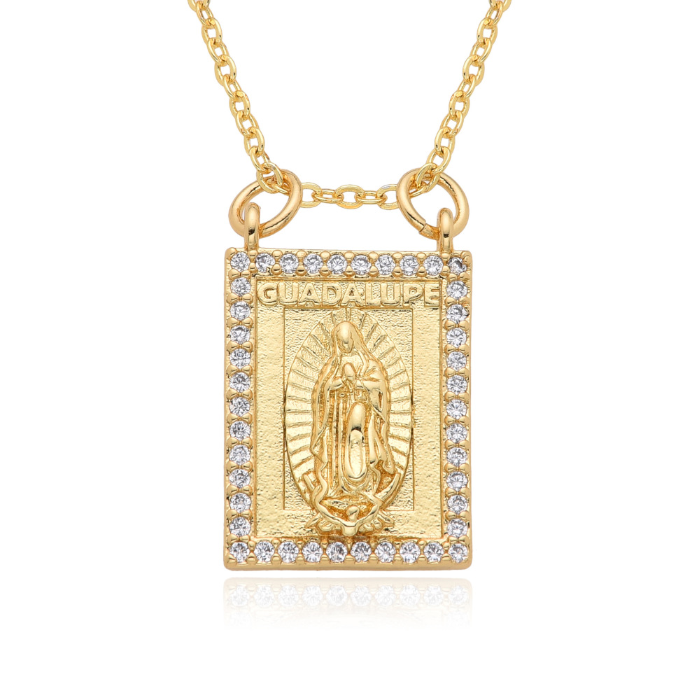 Joyería religiosa de cobre, colgante de diamantes y circonitas, cuadrado redondo, collar Virgen María  COPN/32-180