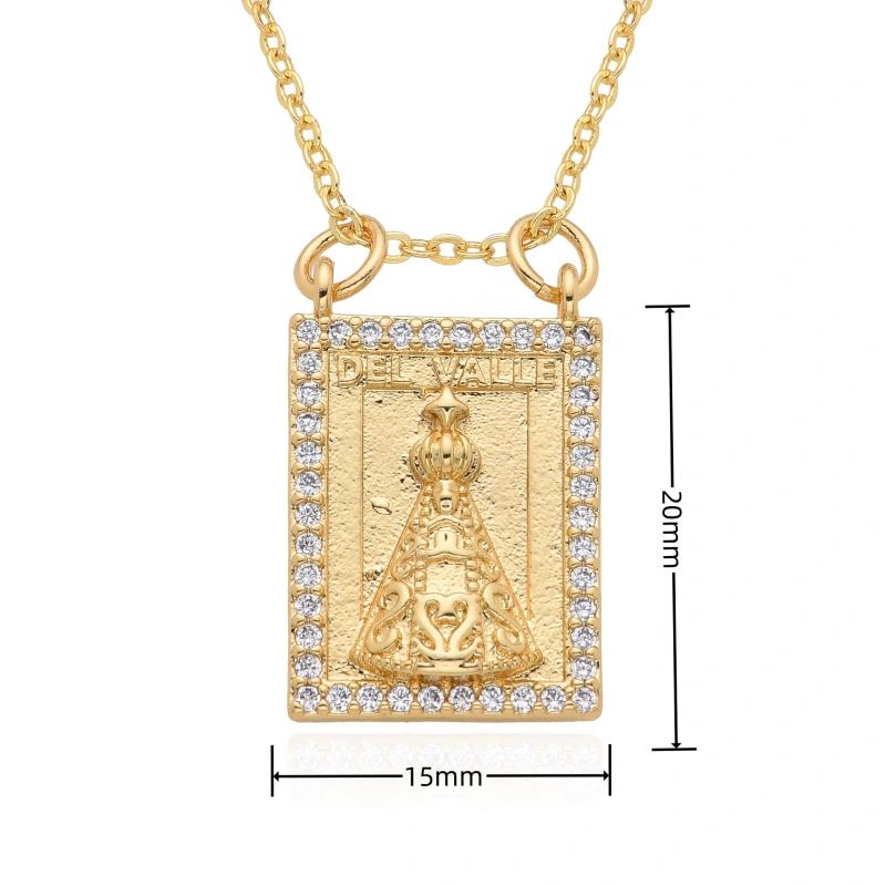 Joyería religiosa de cobre, colgante de diamantes y circonitas, cuadrado redondo, collar Virgen María  COPN/32-180