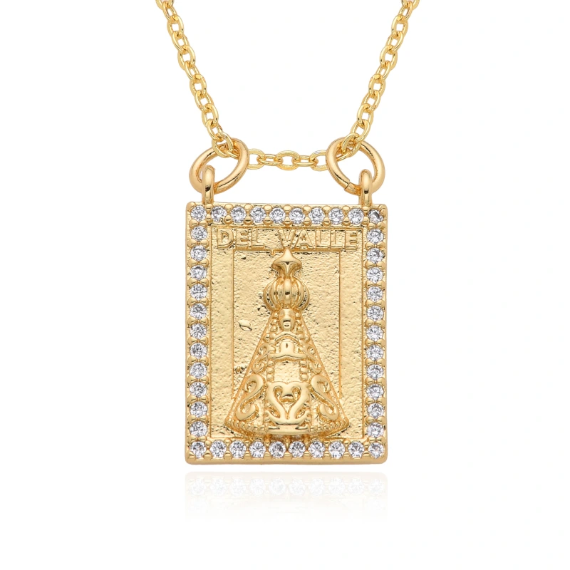 Joyería religiosa de cobre, colgante de diamantes y circonitas, cuadrado redondo, collar Virgen María  COPN/32-180