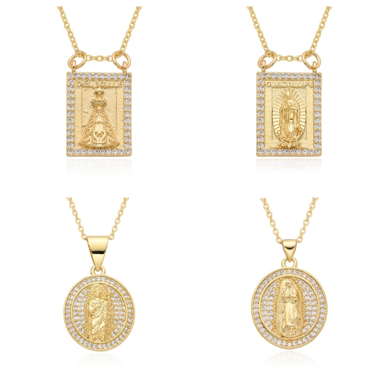 Joyería religiosa de cobre, colgante de diamantes y circonitas, cuadrado redondo, collar Virgen María  COPN/32-180