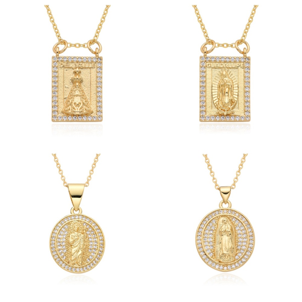 Joyería religiosa de cobre, colgante de diamantes y circonitas, cuadrado redondo, collar Virgen María  COPN/32-180