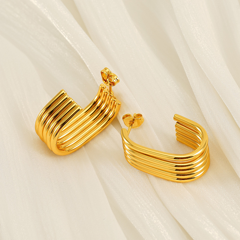 Pendientes de acero inoxidable de oro de 18 quilates que no se decoloran, pendientes de alambre redondo multicapa de acero inoxidable, pendientes con hebilla ovalada  ACRE/38-191