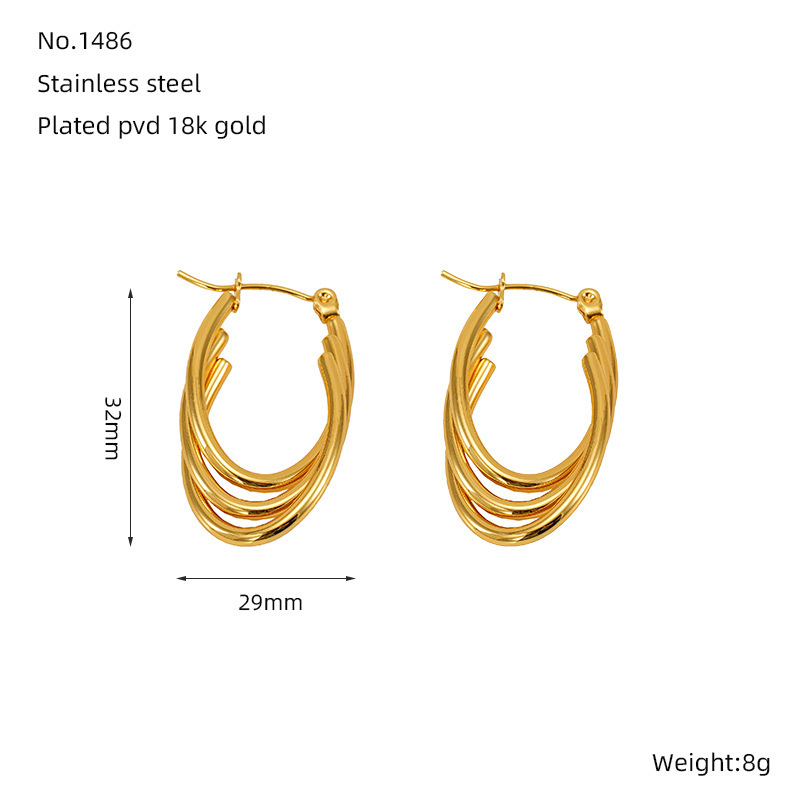 Pendientes de acero inoxidable de oro de 18 quilates que no se decoloran, pendientes de alambre redondo multicapa de acero inoxidable, pendientes con hebilla ovalada  ACRE/38-191