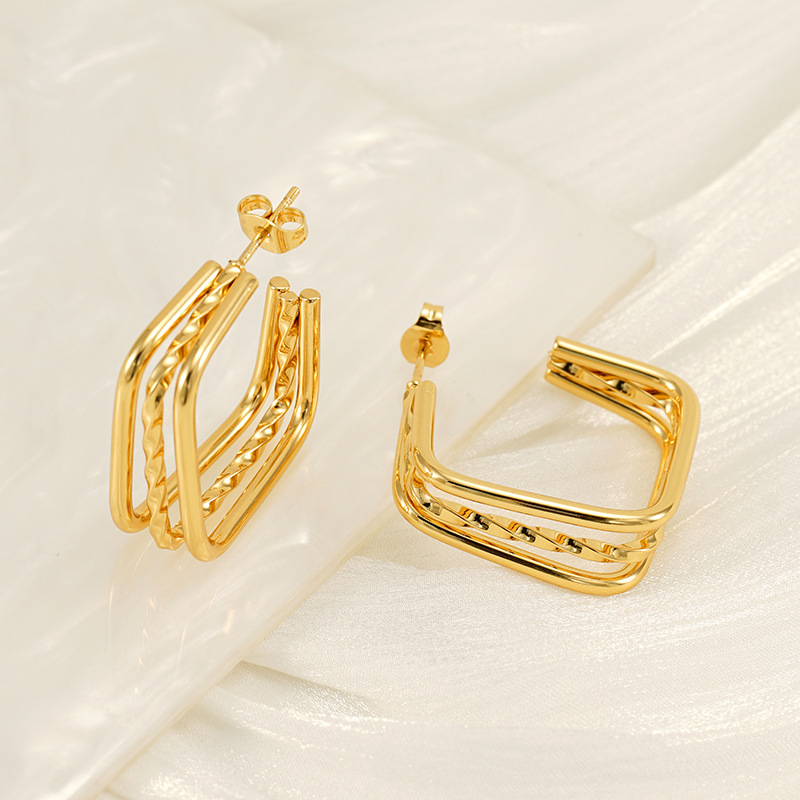 Pendientes de acero inoxidable multicapa con alambre trenzado estilo INS, pendientes con patrón geométrico fundido, pendientes para mujer  ACRE/38-193