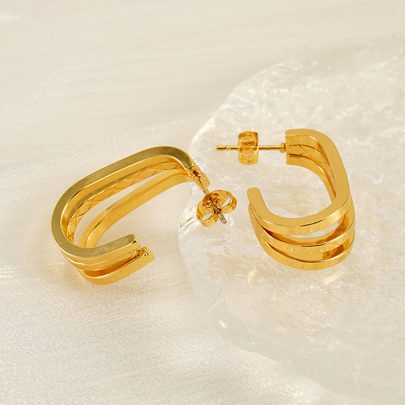 Pendientes de acero inoxidable de oro de 18 quilates que no se decoloran, pendientes de alambre redondo multicapa de acero inoxidable, pendientes con hebilla ovalada  ACRE/38-191
