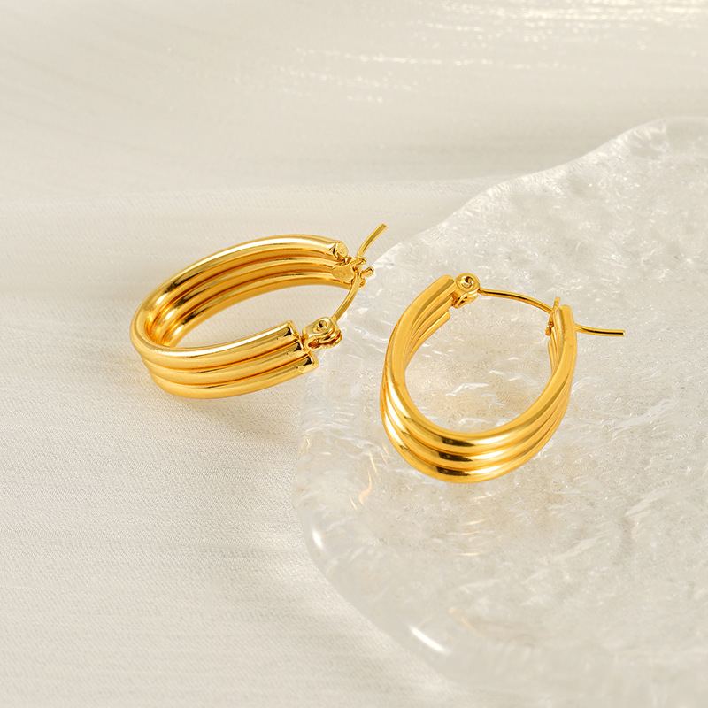 Pendientes de acero inoxidable de oro de 18 quilates que no se decoloran, pendientes de alambre redondo multicapa de acero inoxidable, pendientes con hebilla ovalada  ACRE/38-191