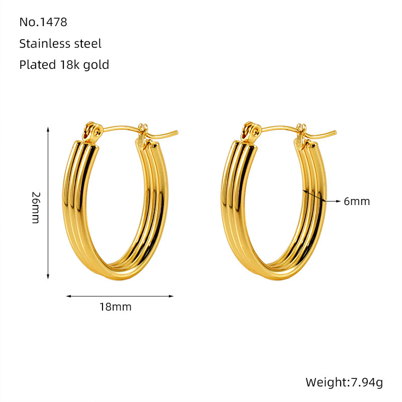 Pendientes de acero inoxidable de oro de 18 quilates que no se decoloran, pendientes de alambre redondo multicapa de acero inoxidable, pendientes con hebilla ovalada  ACRE/38-191