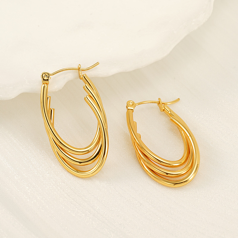 Pendientes de acero inoxidable de oro de 18 quilates que no se decoloran, pendientes de alambre redondo multicapa de acero inoxidable, pendientes con hebilla ovalada  ACRE/38-191