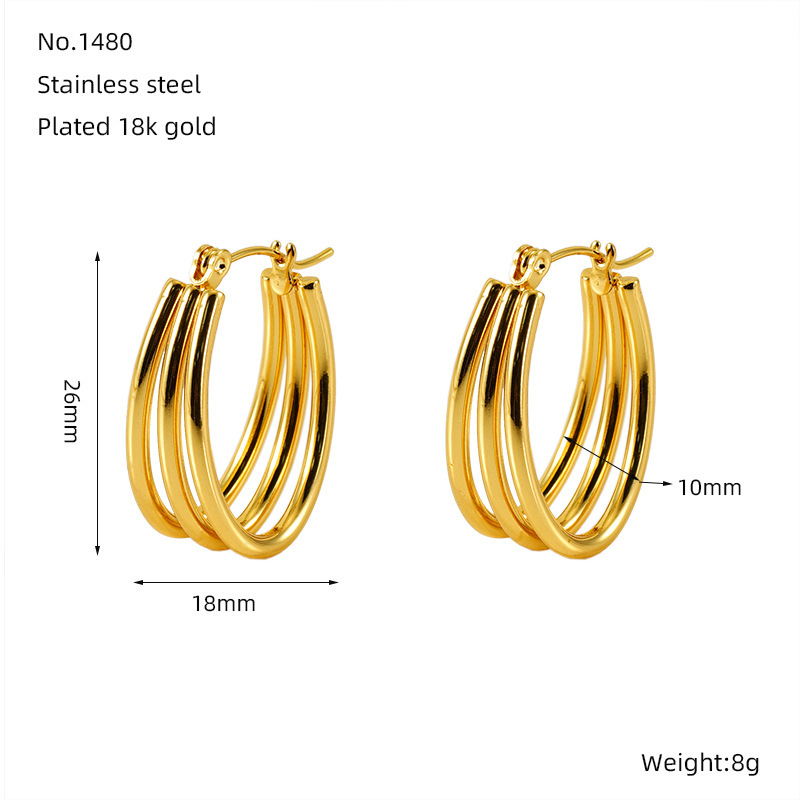 Pendientes de acero inoxidable de oro de 18 quilates que no se decoloran, pendientes de alambre redondo multicapa de acero inoxidable, pendientes con hebilla ovalada  ACRE/38-191
