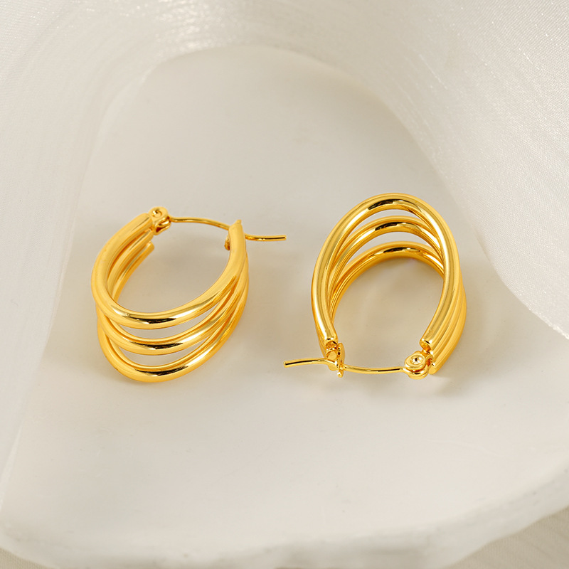 Pendientes de acero inoxidable de oro de 18 quilates que no se decoloran, pendientes de alambre redondo multicapa de acero inoxidable, pendientes con hebilla ovalada  ACRE/38-191