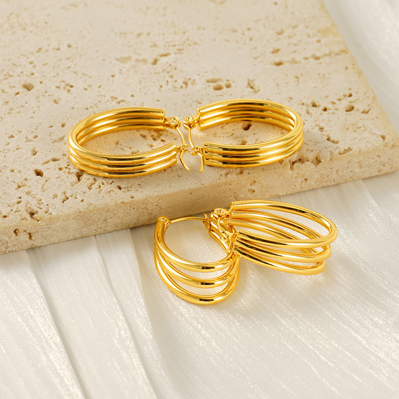 Pendientes de acero inoxidable de oro de 18 quilates que no se decoloran, pendientes de alambre redondo multicapa de acero inoxidable, pendientes con hebilla ovalada  ACRE/38-191