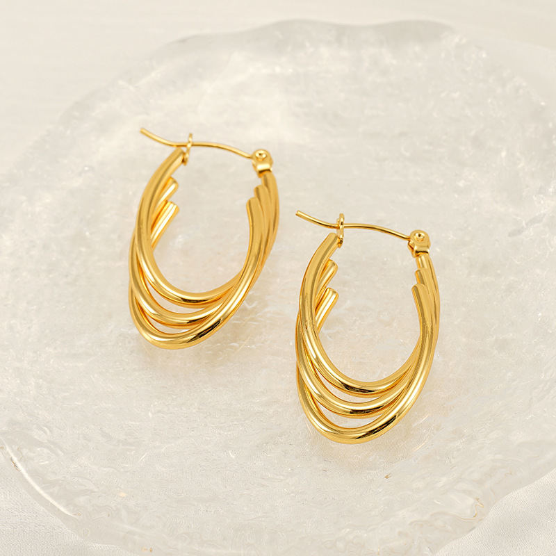Pendientes de acero inoxidable de oro de 18 quilates que no se decoloran, pendientes de alambre redondo multicapa de acero inoxidable, pendientes con hebilla ovalada  ACRE/38-191