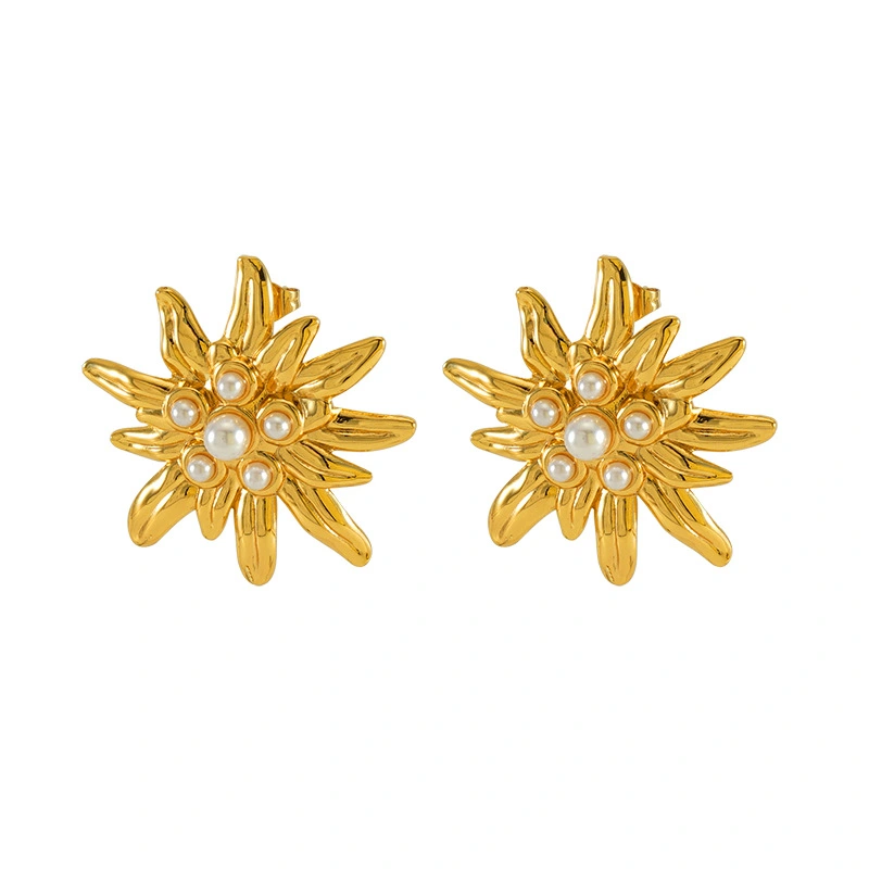 Pendientes de flores con incrustaciones de perlas de moda, chapados en oro de 18 quilates, acero de titanio fundido, pendientes   únicos  ACRE/38-217