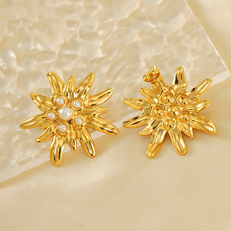 Pendientes de flores con incrustaciones de perlas de moda, chapados en oro de 18 quilates, acero de titanio fundido, pendientes   únicos  ACRE/38-217