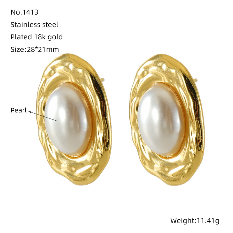 Pendientes ovalados Love, acero de titanio fundido, perlas de moda, textura plisada, pendientes y pendientes al por mayor   ACRE/38-215