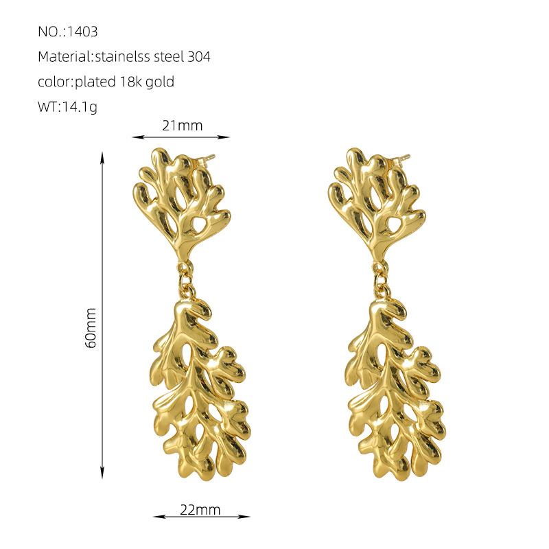 Personalidad de moda, pendientes de lava irregulares, chapados en hojas de 18 quilates, pendientes de acero inoxidable fundido, estilo largo hueco  ACRE/38-211