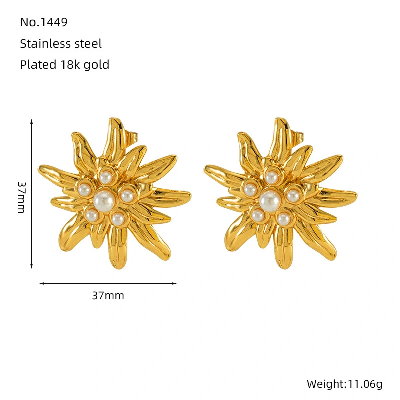 Pendientes de flores con incrustaciones de perlas de moda, chapados en oro de 18 quilates, acero de titanio fundido, pendientes   únicos  ACRE/38-217