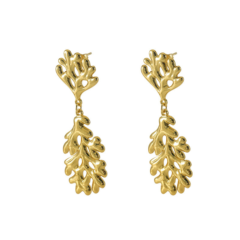Personalidad de moda, pendientes de lava irregulares, chapados en hojas de 18 quilates, pendientes de acero inoxidable fundido, estilo largo hueco  ACRE/38-211