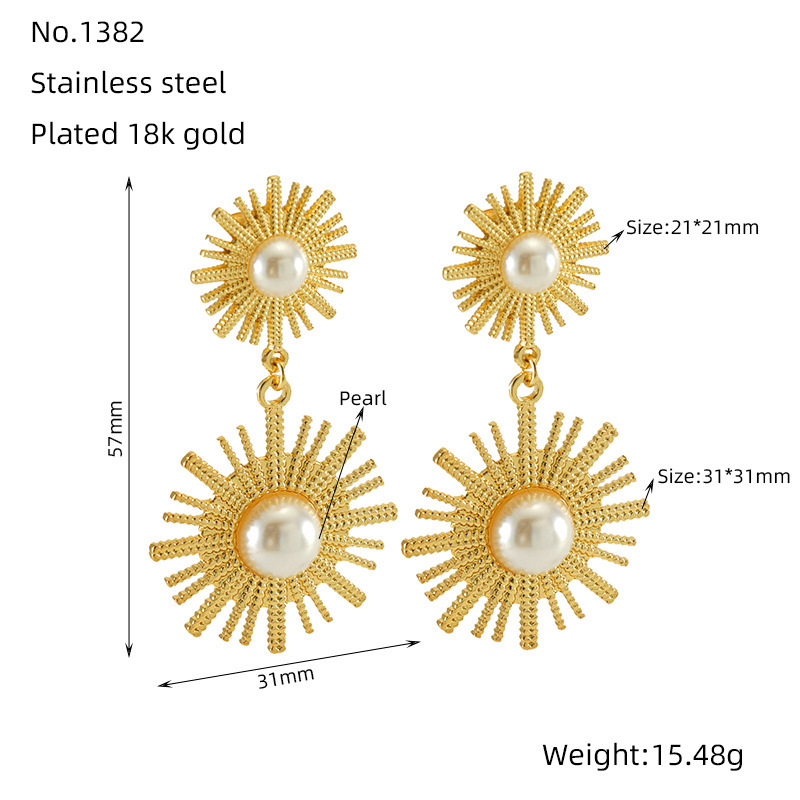 Pendientes redondos retro de perlas de girasol, pendientes chapados en oro de acero de titanio fundido con perlas simples y versátiles  ACRE/38-225