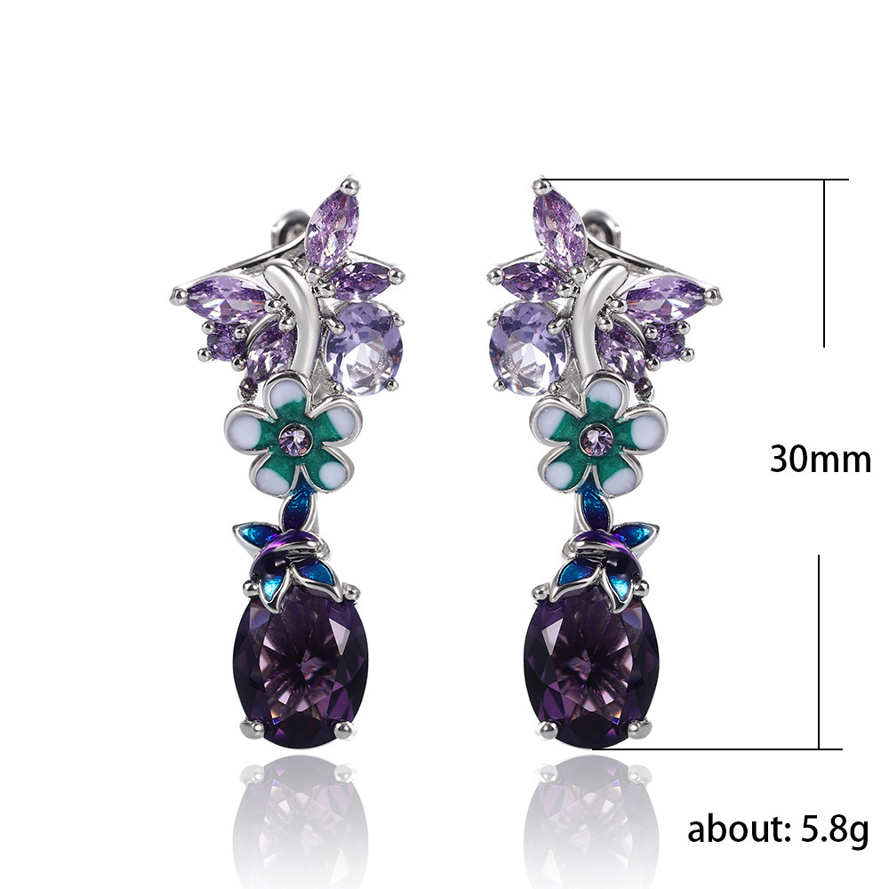 Joyería de cobre con forma de huevo ovalada, aretes de flores con goteo de aceite de circonio púrpura, aretes de mariposa  COPE/44-258