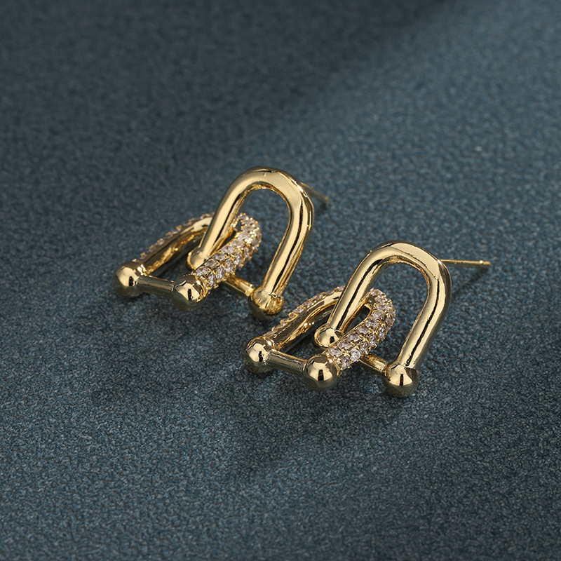 Joyas de cobre, pendientes de diamantes con microtachuelas, hebillas de herradura, pendientes antialérgicos, versátiles, complementos sencillos, pendientes de doble anilla con circonitas  COPE/11-271