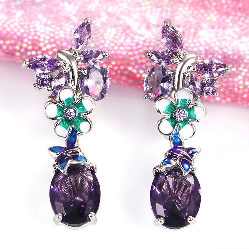 Joyería de cobre con forma de huevo ovalada, aretes de flores con goteo de aceite de circonio púrpura, aretes de mariposa  COPE/44-258