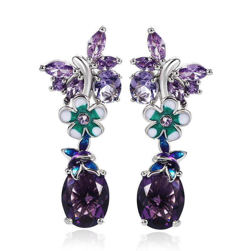 Joyería de cobre con forma de huevo ovalada, aretes de flores con goteo de aceite de circonio púrpura, aretes de mariposa  COPE/44-258