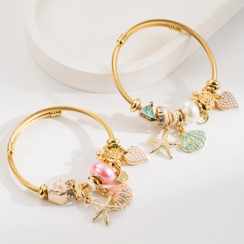 Pulsera Pandora de acero inoxidable, estrella de mar de diamantes, colgante de concha, accesorios de aleación, pulsera ajustable, joyería estilo balneario  ACRB/50-309