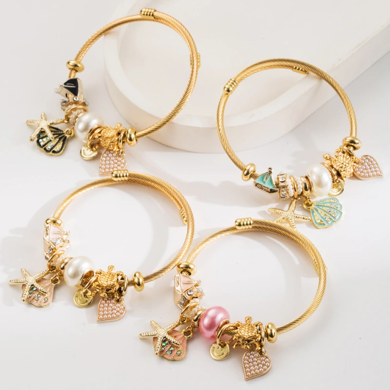Pulsera Pandora de acero inoxidable, estrella de mar de diamantes, colgante de concha, accesorios de aleación, pulsera ajustable, joyería estilo balneario  ACRB/50-309