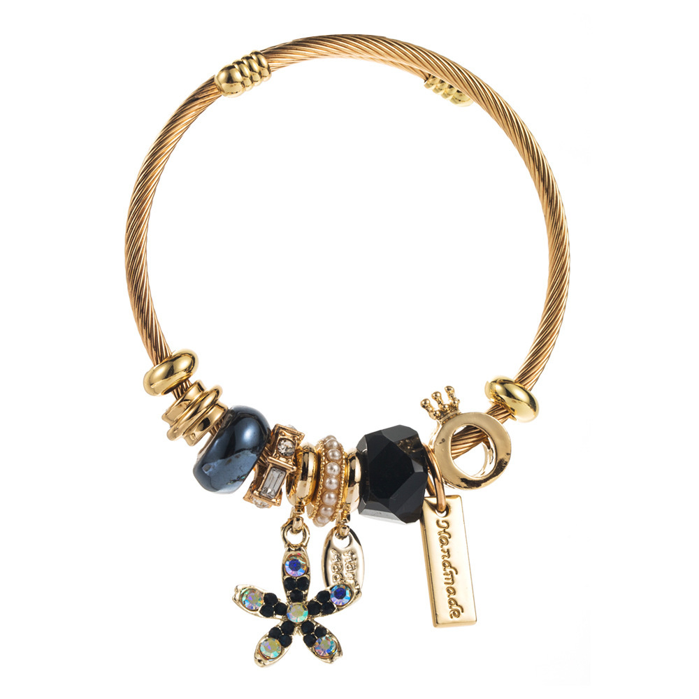 Pandora cuentas doradas personalizadas pulsera de acero inoxidable con incrustaciones de flores y diamantes accesorios de aleación pulsera versátil y ajustable  ACRB/50-308