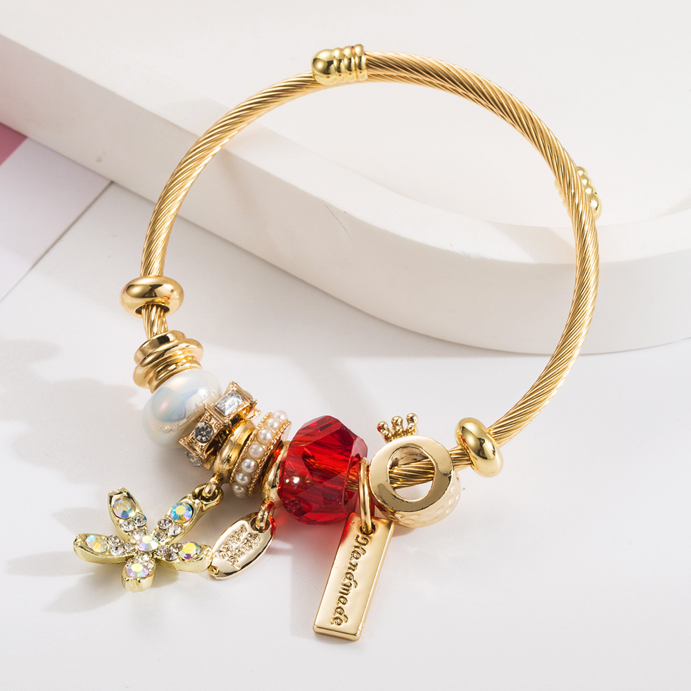 Pandora cuentas doradas personalizadas pulsera de acero inoxidable con incrustaciones de flores y diamantes accesorios de aleación pulsera versátil y ajustable  ACRB/50-308