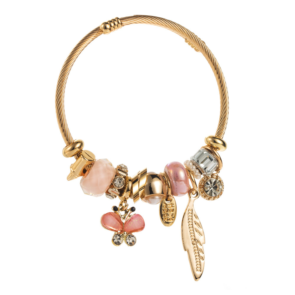 Pandora cuentas personalizadas pulseras de acero inoxidable hojas de diamantes colgantes de mariposa accesorios de aleación pulseras de moda  ACRB/50-306