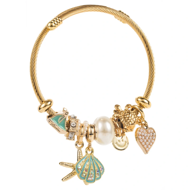 Pulsera Pandora de acero inoxidable, estrella de mar de diamantes, colgante de concha, accesorios de aleación, pulsera ajustable, joyería estilo balneario  ACRB/50-309