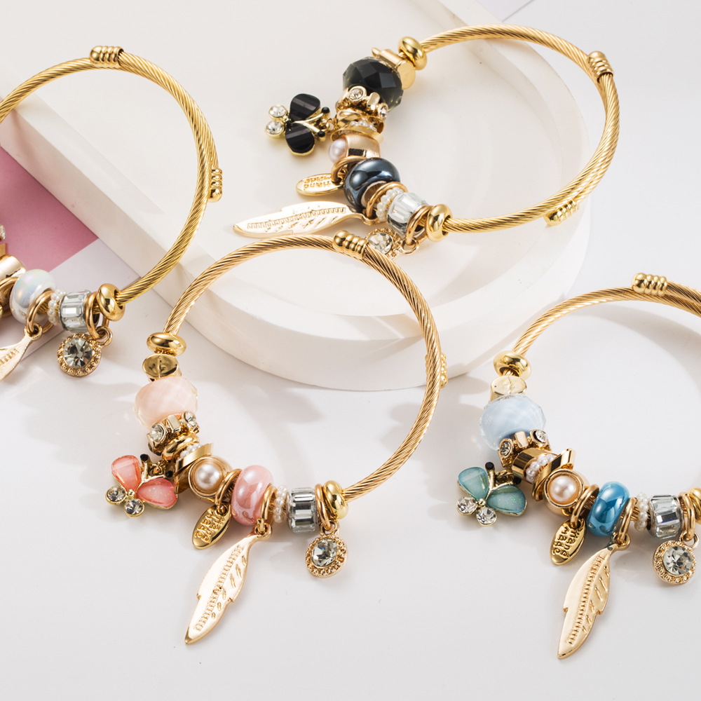 Pandora cuentas personalizadas pulseras de acero inoxidable hojas de diamantes colgantes de mariposa accesorios de aleación pulseras de moda  ACRB/50-306